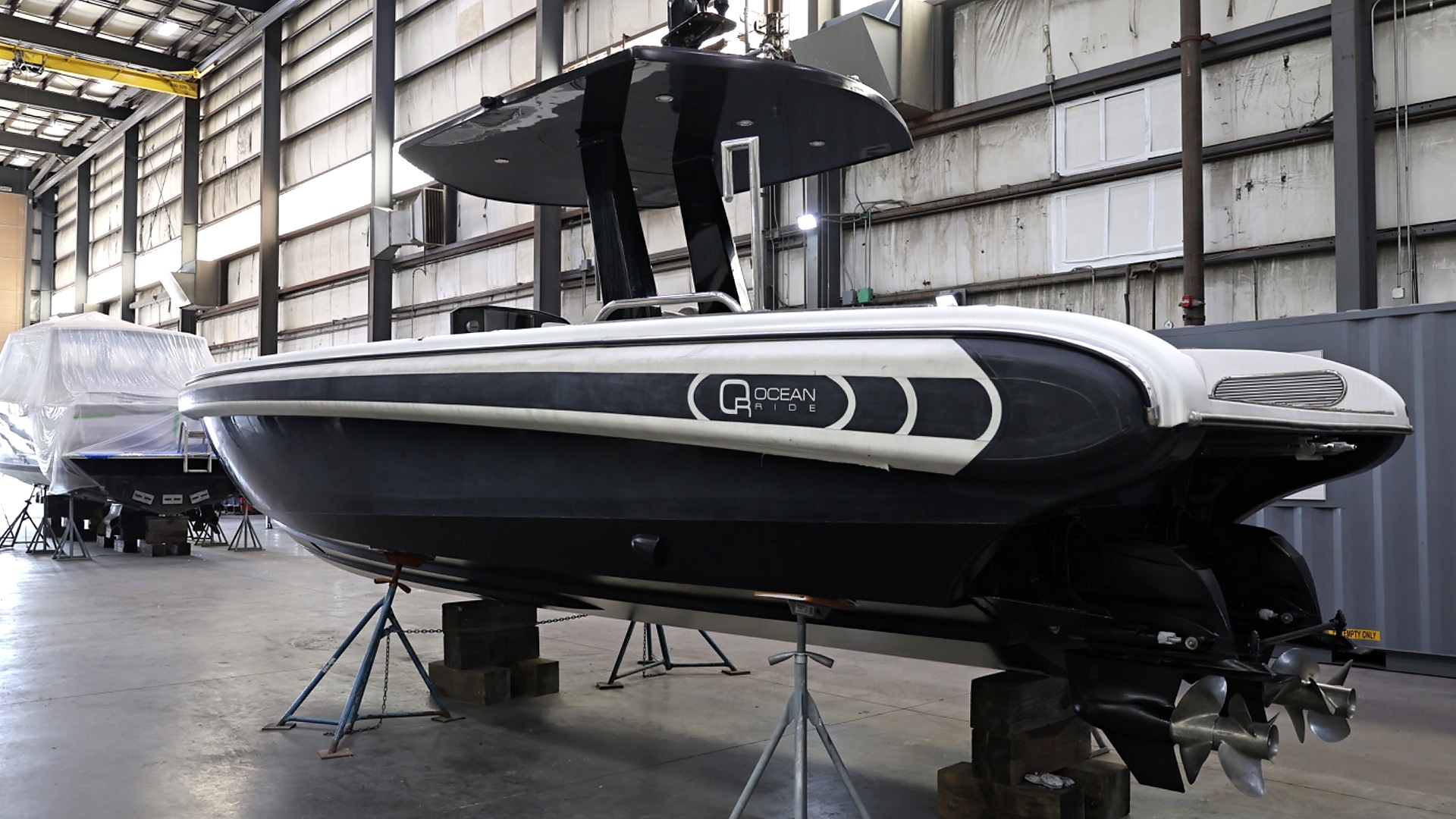 Aft three-quarter view of Le Ti inside the Hornblower Marine facility